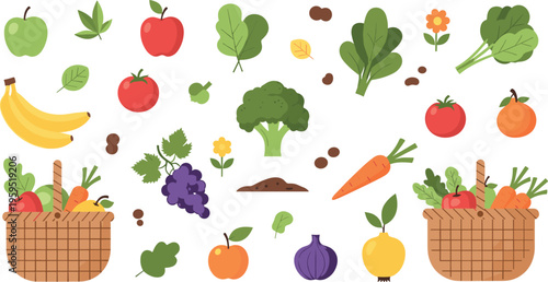 Fresh Fruits and Vegetables Collection with Basket, Apple, Banana, Carrot, Broccoli and Organic Produce Elements for Healthy Food and Farm Design