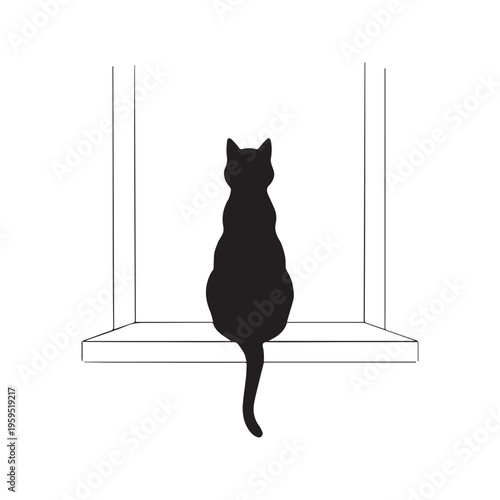 Black cat sitting on a windowsill looking out the window pencil sketch illustration