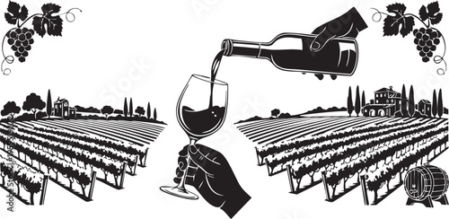 Black and white illustration of wine being poured into a glass amidst a scenic vineyard landscape isolated on transparent background, Vector