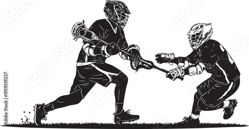 Two lacrosse players competing for the ball during an intense high school or college field match isolated on transparent background, Vector