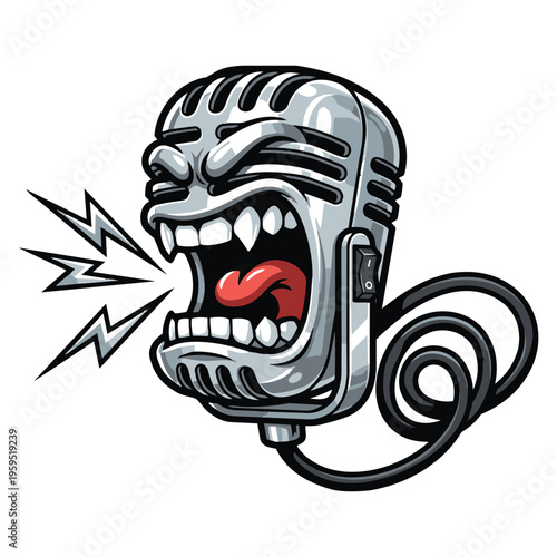 Cartoon screaming vintage microphone closeup.
