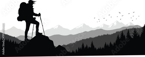 Silhouette of a lone backpacker standing on a mountain peak overlooking a vast pine forest range isolated on transparent background, Vector