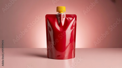 Red liquid pouch packaging mockup for sauce or beverage product branding