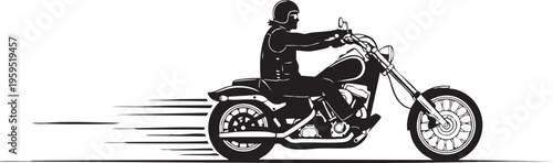 A silhouette illustration of a man riding a custom chopper motorcycle with speed motion lines isolated on transparent background, Vector