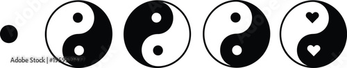 A series of four yin yang symbols with a single dot to the left