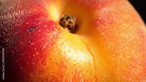 Macro Close-Up of a Ripe Peach with Fuzzy Skin and Vibrant Colors.