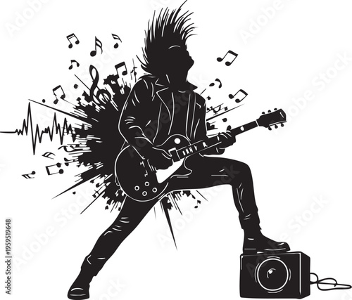 Silhouette of an energetic rock guitarist performing with an electric guitar and music notes isolated on transparent background, Vector