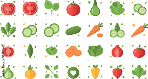 Vegetable Icons and Fresh Produce Illustration Set with Tomato, Carrot, Cucumber, Onion, Pepper and Healthy Food Elements