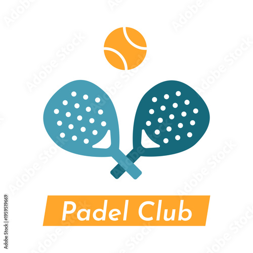 Vector flat illustration with two crossed padel rackets and ball as part of padel equipment on sport game. Copy space with text Padel Club. Colorful concept about sport competitions