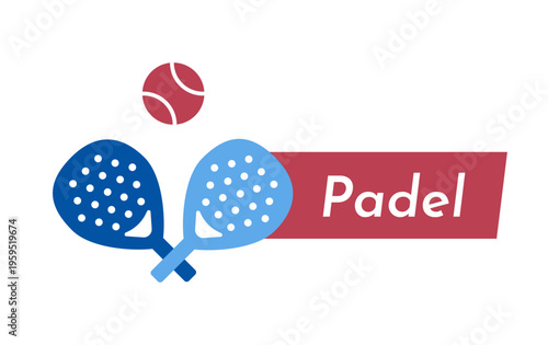 Vector flat logo with text Padel and illustration of two crossed padel rackets, ball as symbol of equipment on sport game or championship. Minimalistic simple gold badge emblem for sport club, center