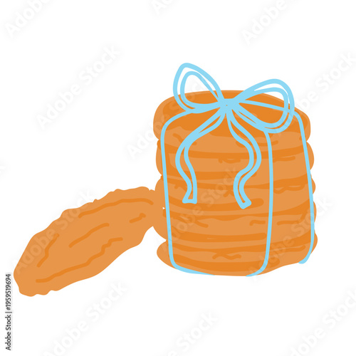 Stack of Handmade Crispy Orange Cookies Tied with Blue Ribbon Bow for Christmas Food Gift or Bakery Menu Design Isolated on Transparent Background.