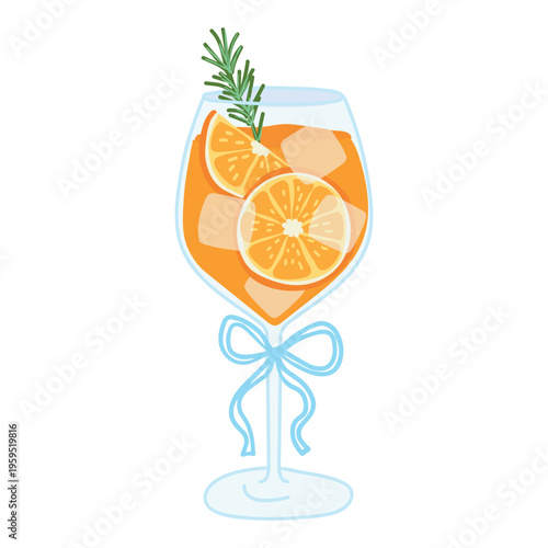 Aperol Spritz Cocktail in Wine Glass with Ice Cubes Orange Slices Rosemary Sprig and Blue Bow Isolated on Transparent Background.