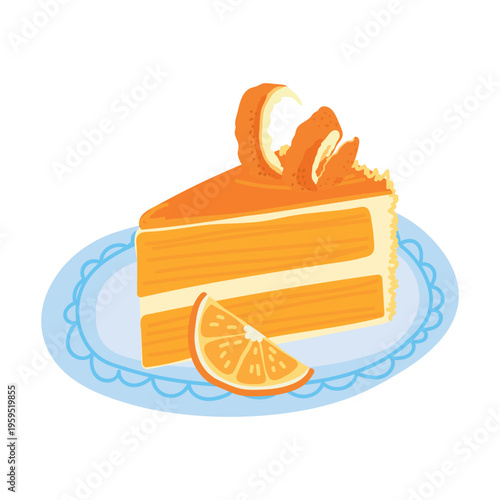 Piece of Layered Orange Sponge Cake with Cream Frosting and Citrus Peel Zest Decoration on Blue Plate Isolated on Transparent Background.