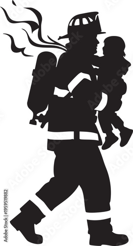 A brave firefighter in full protective gear carrying a small child to safety from a dangerous fire isolated on transparent background, Vector