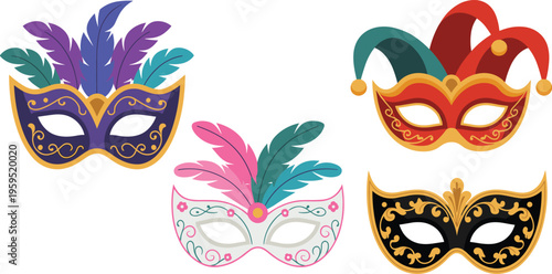 Venetian carnival masks flat vector illustration set with feathers and ornaments for masquerade party festival and holiday celebrations.