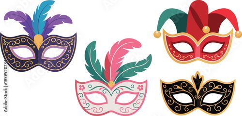 Venetian carnival masks flat vector illustration set with feathers and ornaments for masquerade party festival and holiday celebrations.