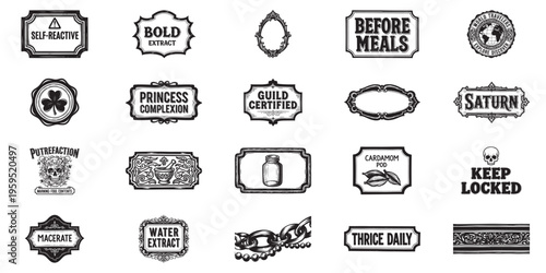 Hand drawn pharmacy stickers including guild certified and princess complexion label design