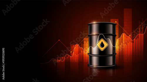 Rising oil prices crisis concept: Oil barrel with glowing financial market bar chart on dark background, vector illustration
