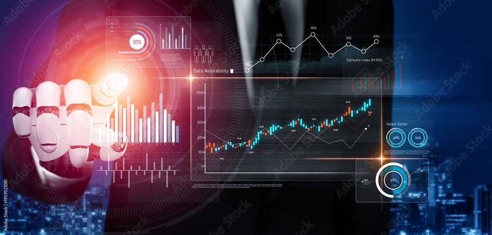 Obraz premium AI analyzing data analytics dashboard, detecting financial patterns, visualizing metrics, and generating insights for business decision-making and performance forecasting. Vouch