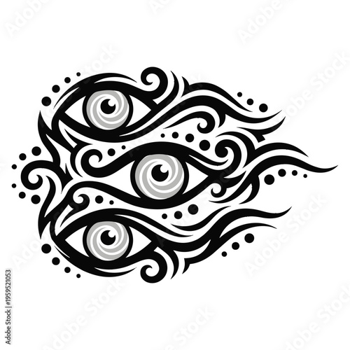 Stylized eyes with swirling patterns.