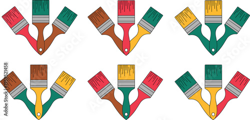Colorful paint brush sets flat vector illustration for art renovation creative DIY home improvement and craft workshop projects.