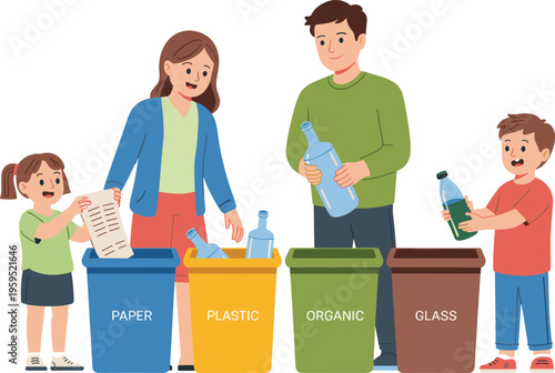 Happy family flat vector illustration sorting waste into recycle bins for paper plastic organic and glass sustainable environment.