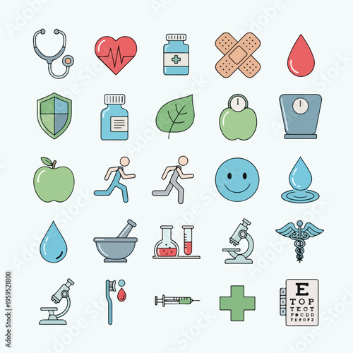 Collection of various medical and health-related icons on a white background