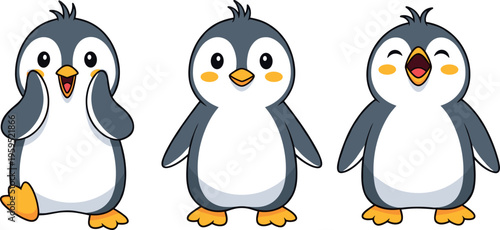 Cute baby penguin characters set with happy expressions standing and laughing cartoon animal vector illustration adorable wildlife collection isolated design