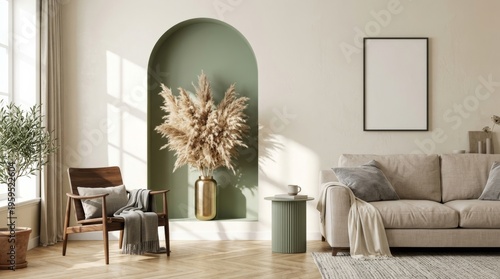 Modern minimalist living room interior with a sage green arched niche, pampas grass in a gold vase, blank poster mockup on the wall, and elegant wooden furniture in soft natural sunlight.