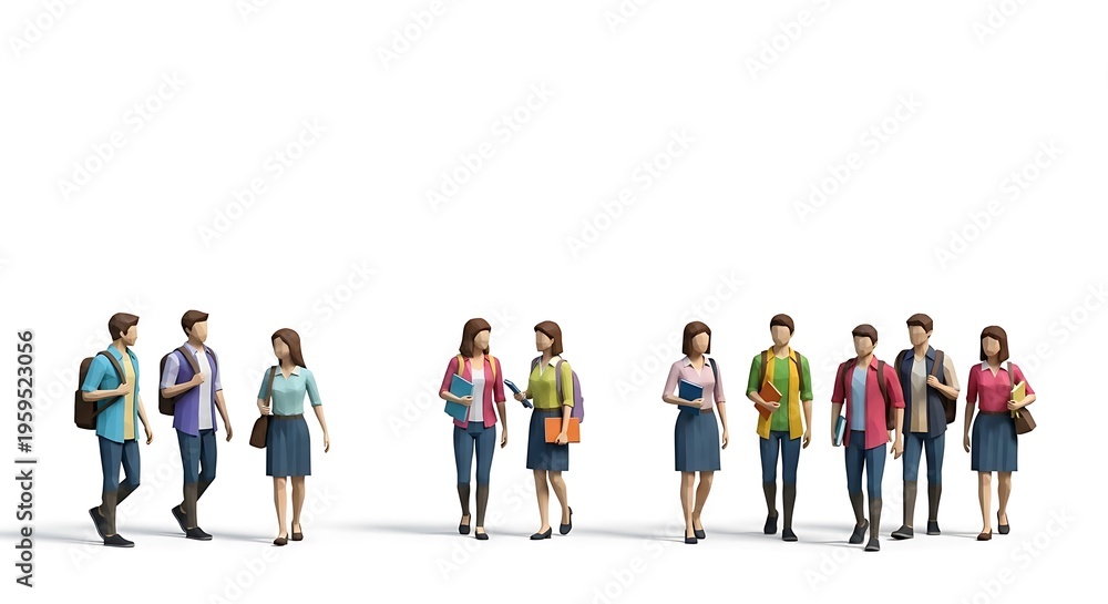 Fototapeta premium Group of young adults walking and chatting in casual clothing 
