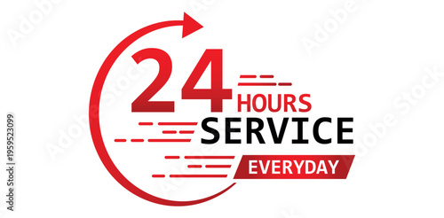 Red twenty four hours service everyday icon with arrow symbol for customer support and constant business availability ad