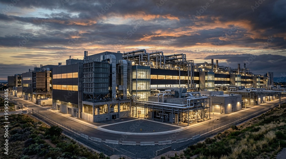 Obraz premium Cinematic wide shot portrays the monolithic exterior of a mega-scale semiconductor fabrication plant at twilight with detailed piping.