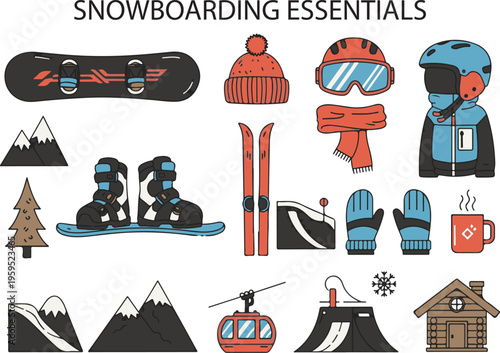 Winter Snowboarding Essentials Snowboard Gear, Illustration Cartoon Collection