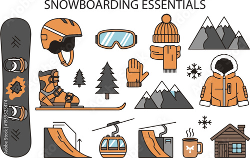 Winter Snowboarding Essentials Snowboard Gear, Illustration Cartoon Collection