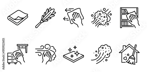 A collection of clean line art icons illustrating various household cleaning tasks, including dusting, wiping, and sweeping, for use in cleaning services or domestic tips.