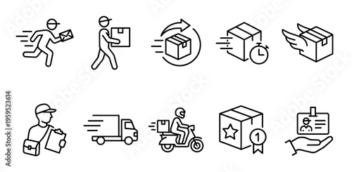 A collection of minimalist line art icons representing various aspects of fast delivery services including couriers, vehicles, packages, and time.