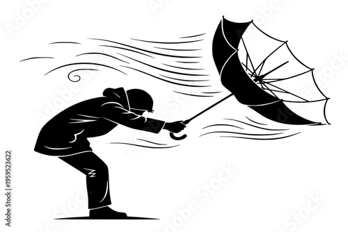 Person with Broken Umbrella Strong Wind Severe Storm Weather Struggle Black Vector Silhouette