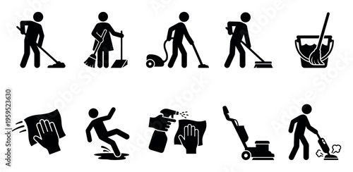 A collection of black and white pictogram icons illustrating various cleaning activities, including mopping, sweeping, vacuuming, and wiping surfaces, suitable for service industries.