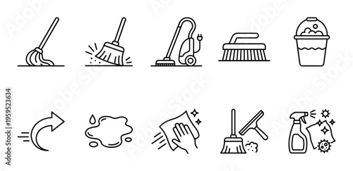 A clean and simple set of line icons representing various cleaning tools and actions, perfect for concepts of hygiene, home care, or janitorial services.