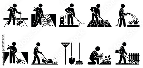 A collection of black and white pictogram icons illustrating various gardening and yard work activities, including mowing, raking, watering, and planting.