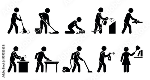 This black and white pictogram set displays various cleaning activities performed by stick figures, including sweeping, mopping, scrubbing, spraying, and dusting.