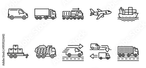 This collection features a variety of simplified line art icons depicting different modes of transportation, perfect for illustrating logistics and delivery services.