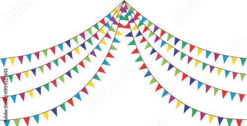 Festive colorful bunting flags garland with multiple triangle pennants hanging decoration for party celebration banner vector illustration isolated on white