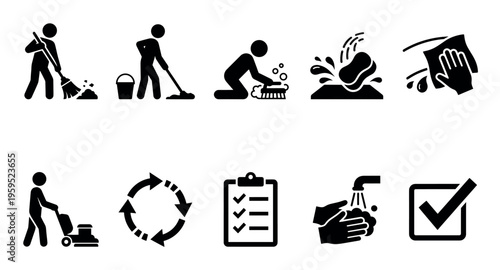 A collection of black and white pictogram icons depicts various cleaning activities, hygiene practices, and task management, presented on a clean white background.