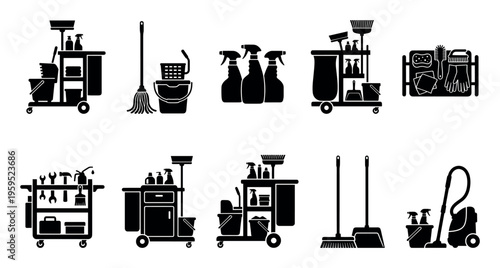A collection of simple black and white vector icons depicting various cleaning tools and carts, ideal for illustrating janitorial services and hygiene.