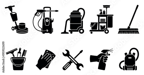 A collection of black silhouette icons representing various cleaning tools and equipment, including vacuums, mops, pressure washers, and spray bottles, suitable for commercial use.