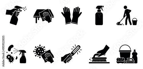 This graphic icon set illustrates various methods of cleaning and disinfection including spraying surfaces with sanitizer, wiping, wearing gloves, mopping, and using a UV light.