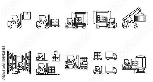A collection of black and white line art icons illustrating various forklift operations in warehouse and shipping contexts, ideal for logistics and industry themes.