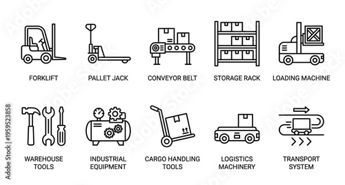 A clean line art illustration displays ten icons related to warehouse and logistics operations including forklifts, pallet jacks, conveyor belts, and tools for industrial and transport systems.