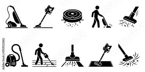 A collection of black and white icon illustrations depicting various types of vacuum cleaners and their use in cleaning, perfect for home or technology concepts.
